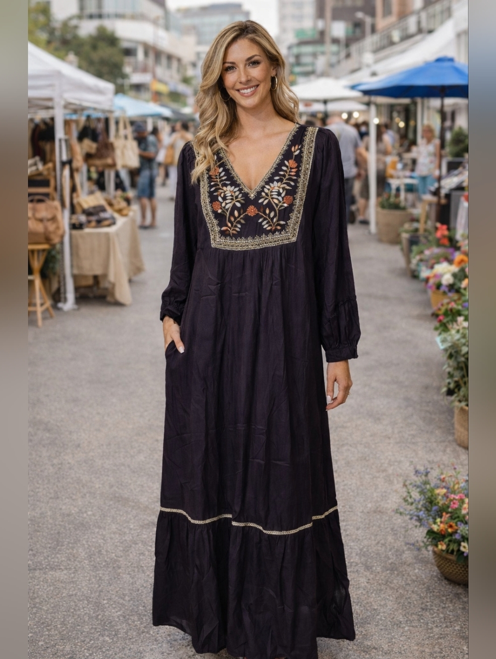 NWT - EX VOTO -Boho Embroidered V-Neck Maxi Dress in Deep Plum, Size XL
